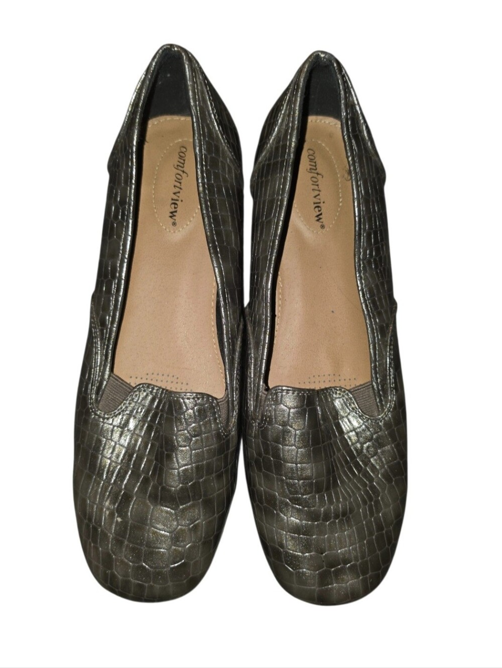 8/1/18. Womens comfortview Metallic Gray Croc-Embossed Slip-On Flats